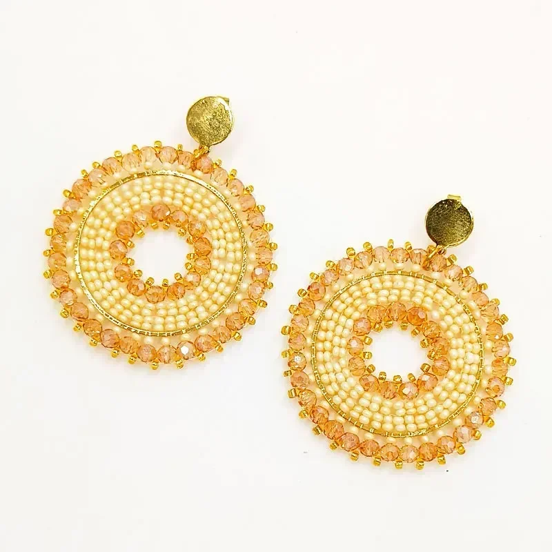Rice bead earrings Hollow out Fashion Versatile Hand knitting Alloy Bohemia Geometry Female Crystal  Roundness Beaded earrings