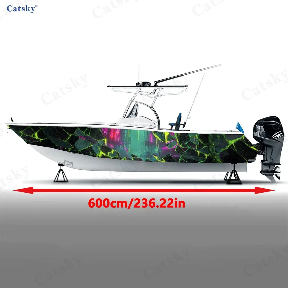 Fluorescent Cracked Cyber City Boat Stickers, PVC Waterproof Vinyl Wrap Decals for Fishing Boats, Durable and Stylish Design