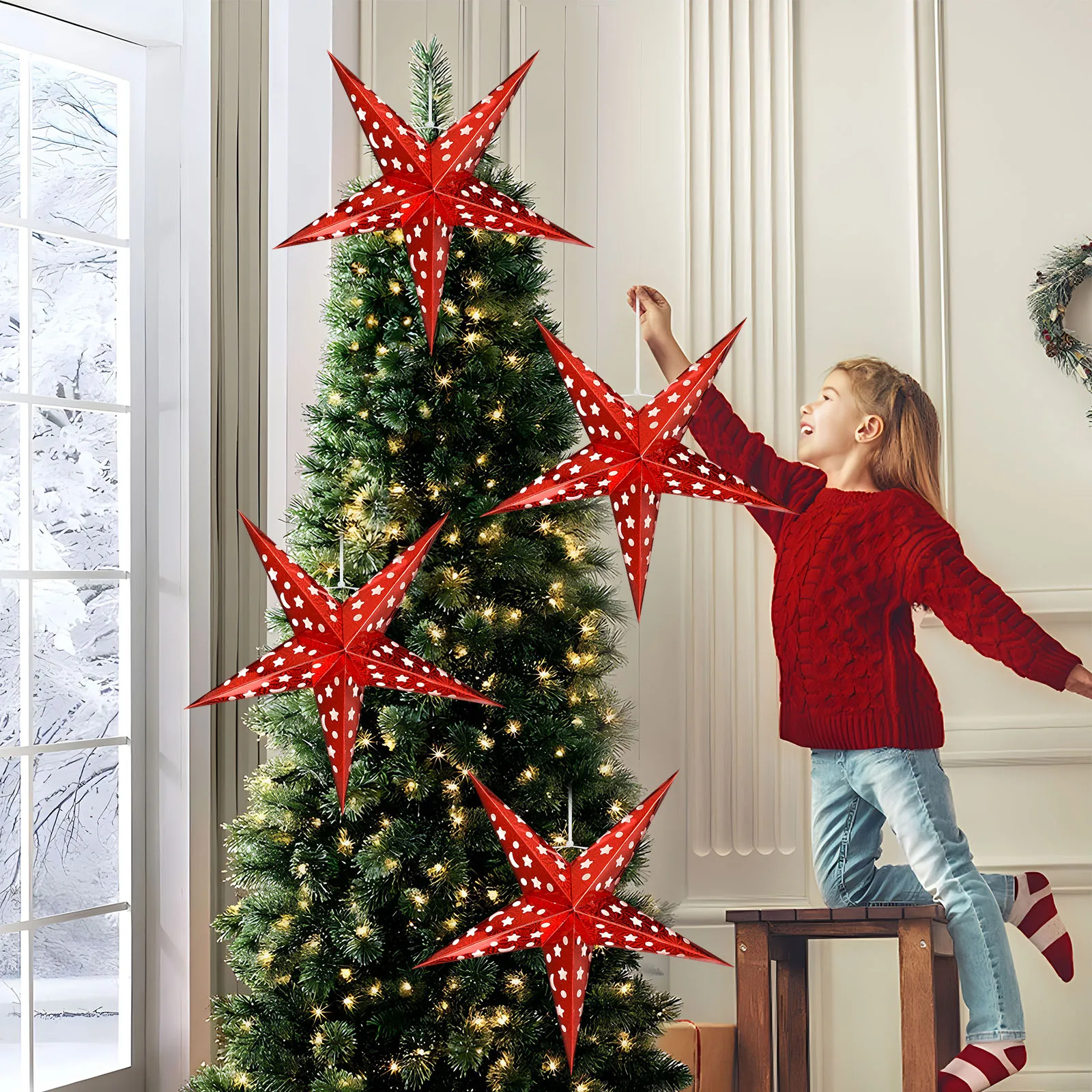 5pcs 45Cm Star Lamp Shade Red Paper Hanging Ceiling Light Decor For Wedding Birthday Home Party Bedroom Fairy String Lights