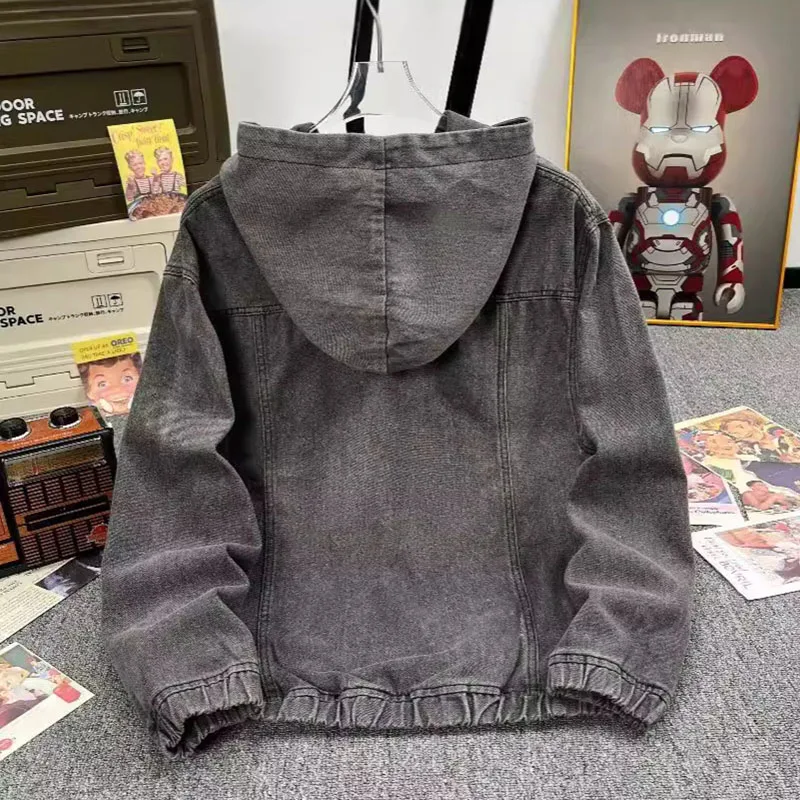 Brief Stickerei Denim Hoodie Für Männer Amerikanische Mode Lose Mit Kapuze Tops Herbst Casual High Street Retro Oversize Sweatshirt