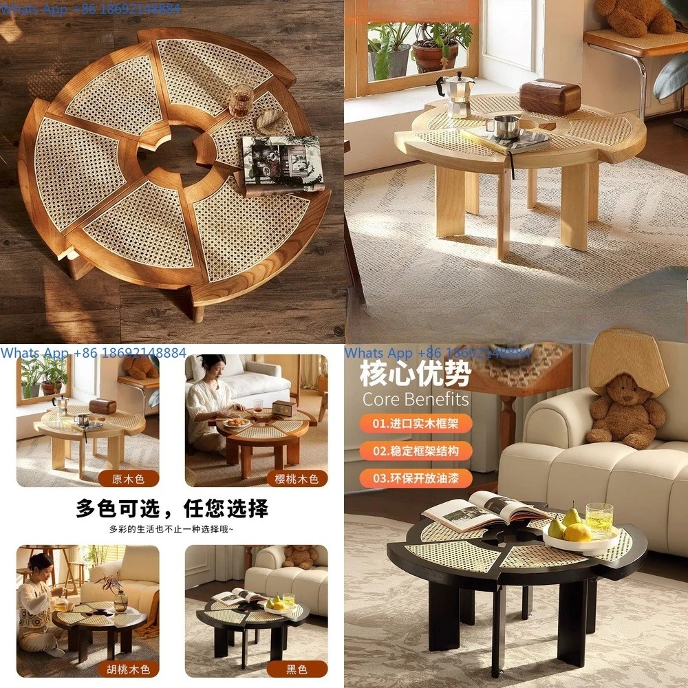 

Круглый журнальный столик из натурального дерева, минималистичный стиль ваби-саби, низкий столик из ротанга для гостиной, небольшого пространства, спальни, гостиной