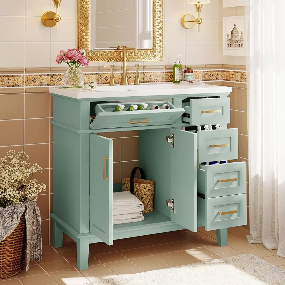 

36" Bathroom Vanity with Sink Combo, Modern Green Bathroom Storage Cabinet with Tip-Out Drawer, 3 Drawers & 2 Soft-Close Doors,