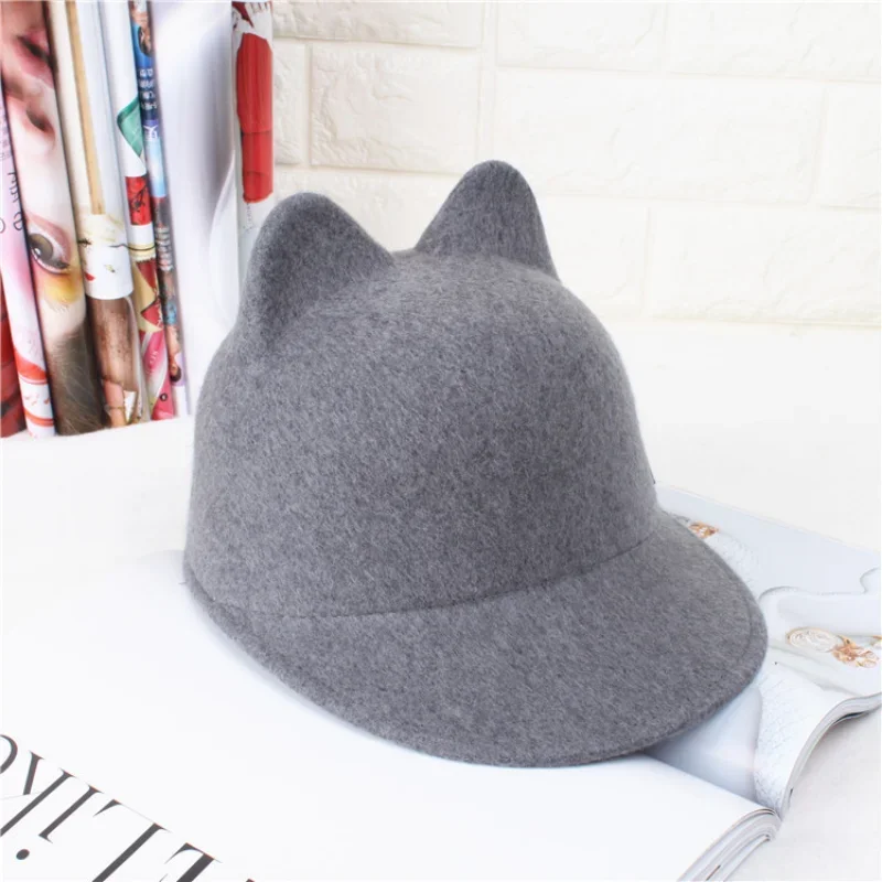 Plain Wool Felt Korean Cat Ears Equestrian Cap Parent-child Cap Flat Brim Horseman Trilby Hat for Men Women Children Boys Girls