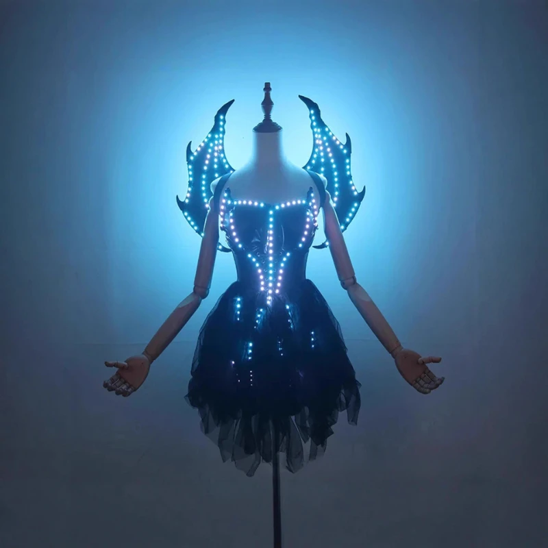 

LED Glowing Costume Witch's Wing Set Nightclub Party Drinking Prop Clothing Black Color-changing Halloween Festival Cosplay Suit