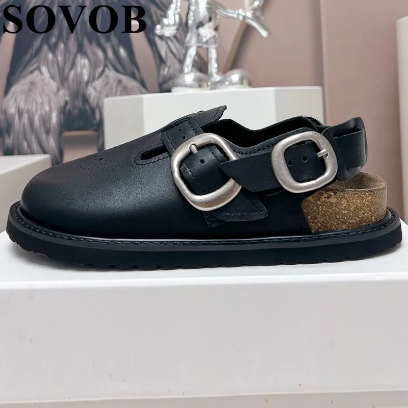 

Genuine Leather Thick Soled Sandals Women's Closed Toe Belt Buckle Design Flat Sandalias Summer Versatile Mules Commuting Shoes