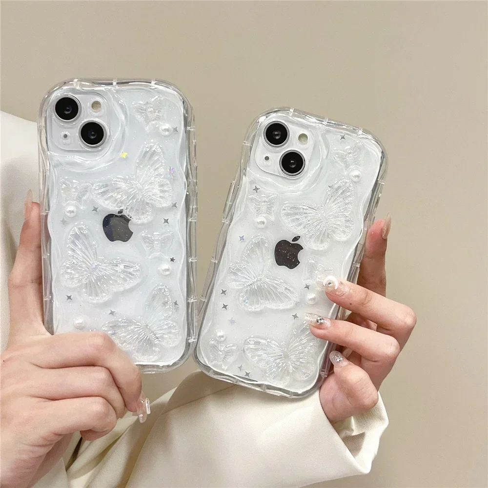 

3D Butterfly Crystal Bling Glitter Clear Case For iPhone 15 14 Plus 13 12 11 Pro Max X XR XS Max Shining Star Pearl Wave Cover