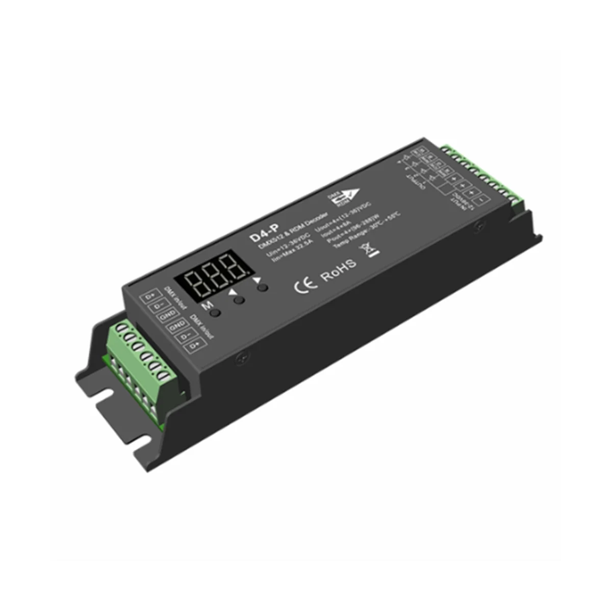 

D4-P 4 Channel PWM Constant Voltage DMX &RDM LED Decoder Controller Digital Display XLR3 RJ45 Port DC12-36V Input 8Ax4CH