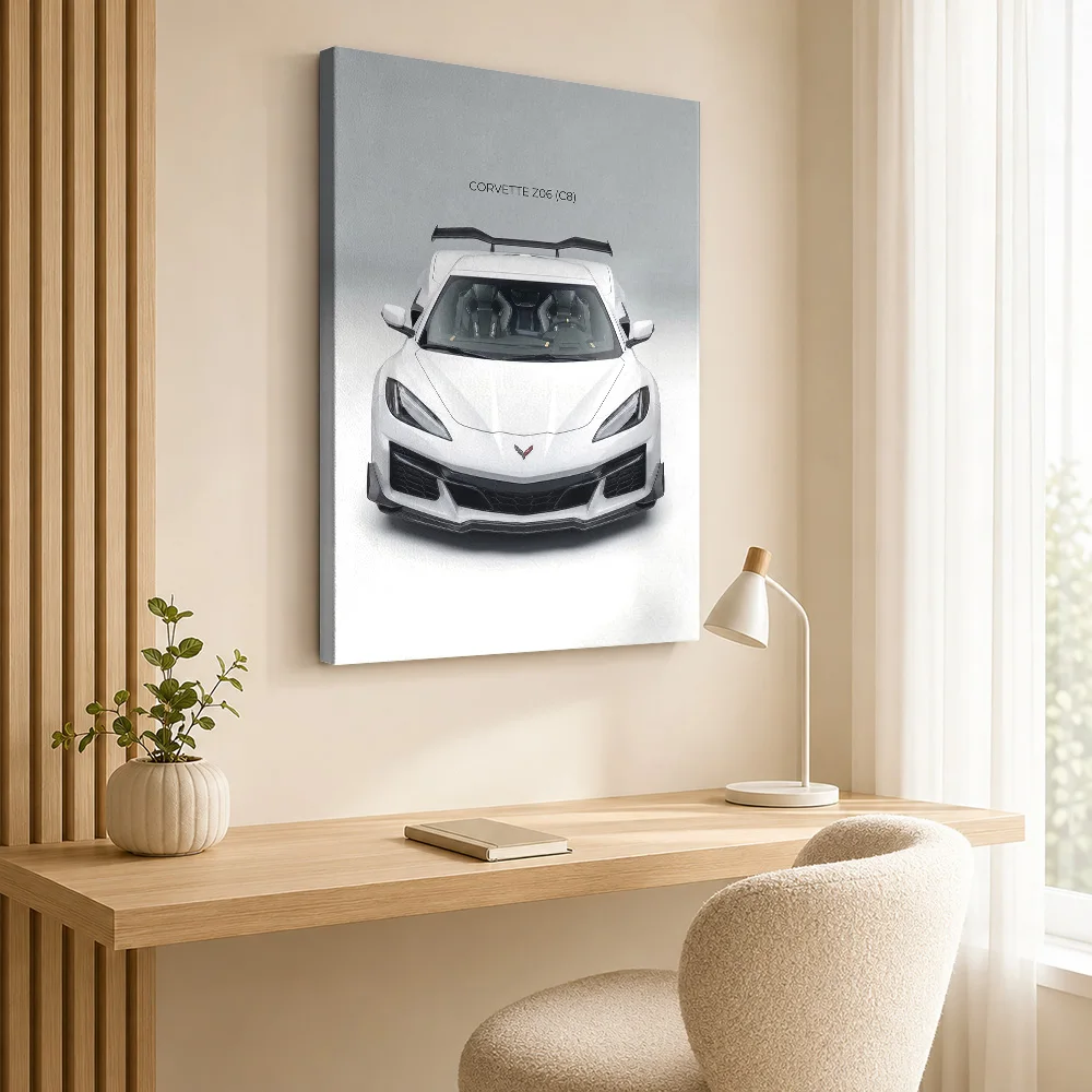 White Sports Corvette Z06 C8 Framed Canvas Print Poster Personalized Photo Modern Aesthetic Wall Art for Office Hallway Decor