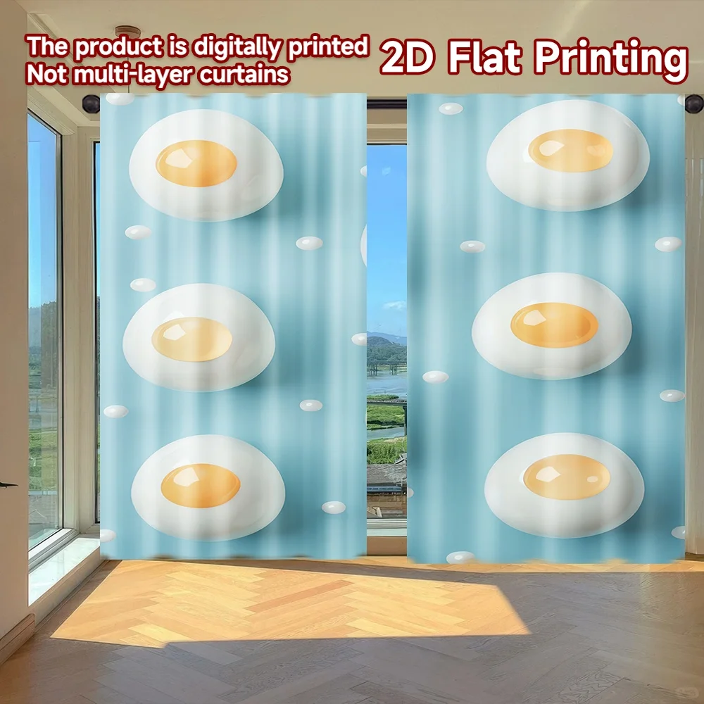 

2D flat printing 2pcs Curtain Eggs on Blue Digital Printed Polyester Drapes Family Party Perfect for Holiday Home Decor & Gifts