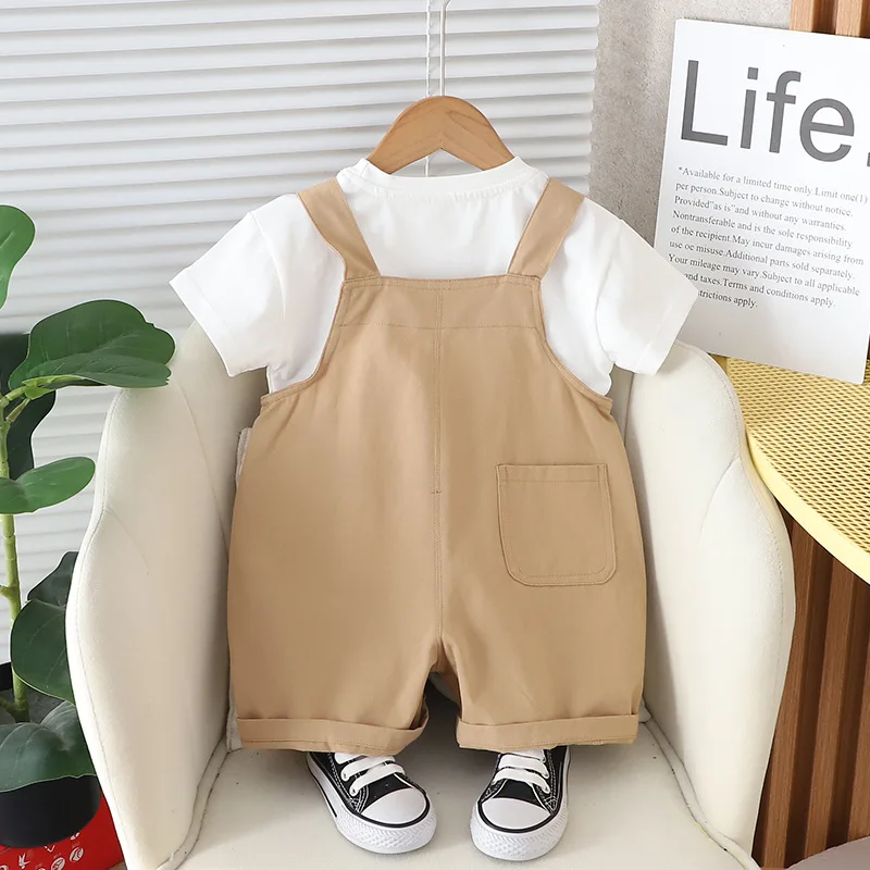Kids Summer Sets 2024 Baby Boy Clothes 9 To 12 Months Solid Color Short Sleeve T-shirts and Cartoon Overalls Children\'s Clothing