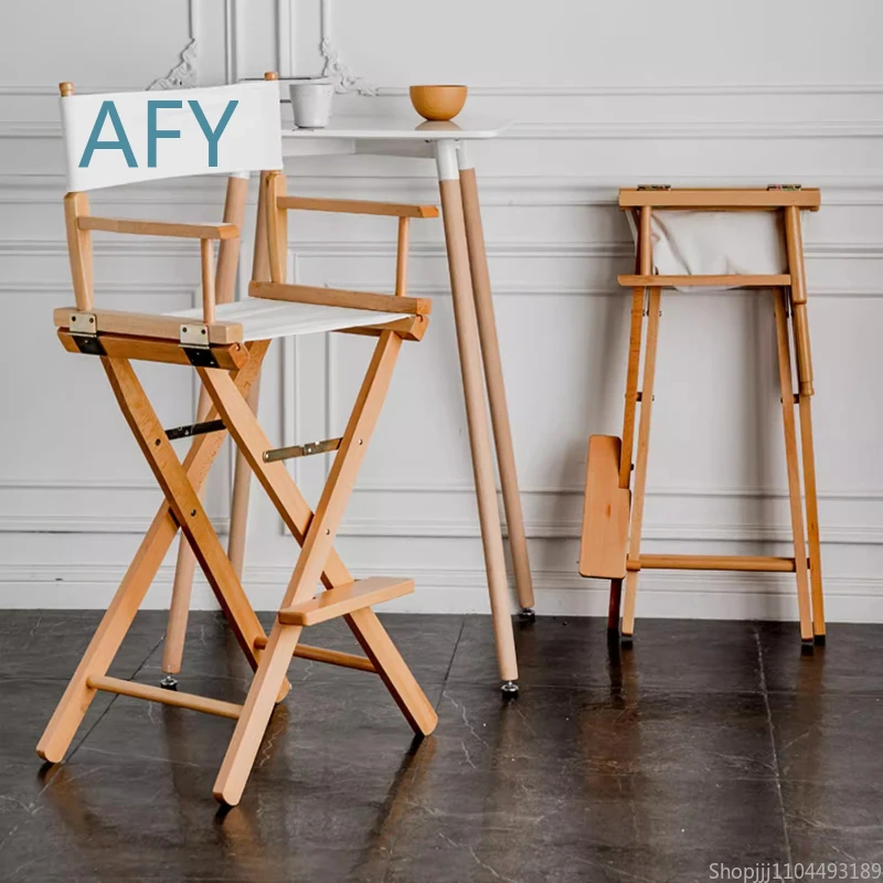Foldable Solid Wood Bar Stool Chair for Outdoor Camping Beach Garden Space Saving Furniture High Back Canvas Chair for Adults