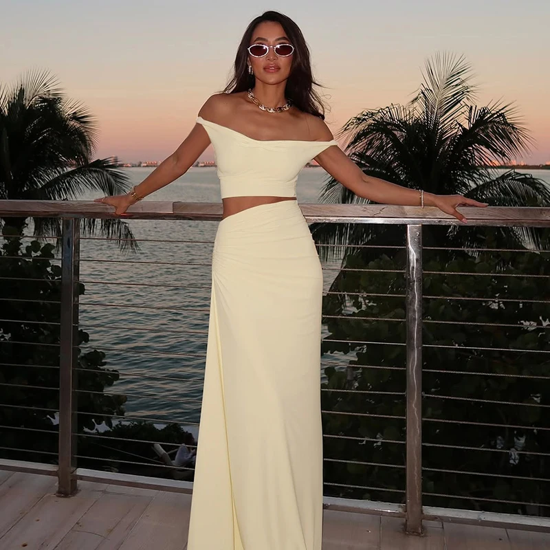 BWQ Sexy Pleated Skirt Set For Women One-Length Shoulder Patchwork Top High Waist Long Skirt Set Lady Party Slim Dress Set