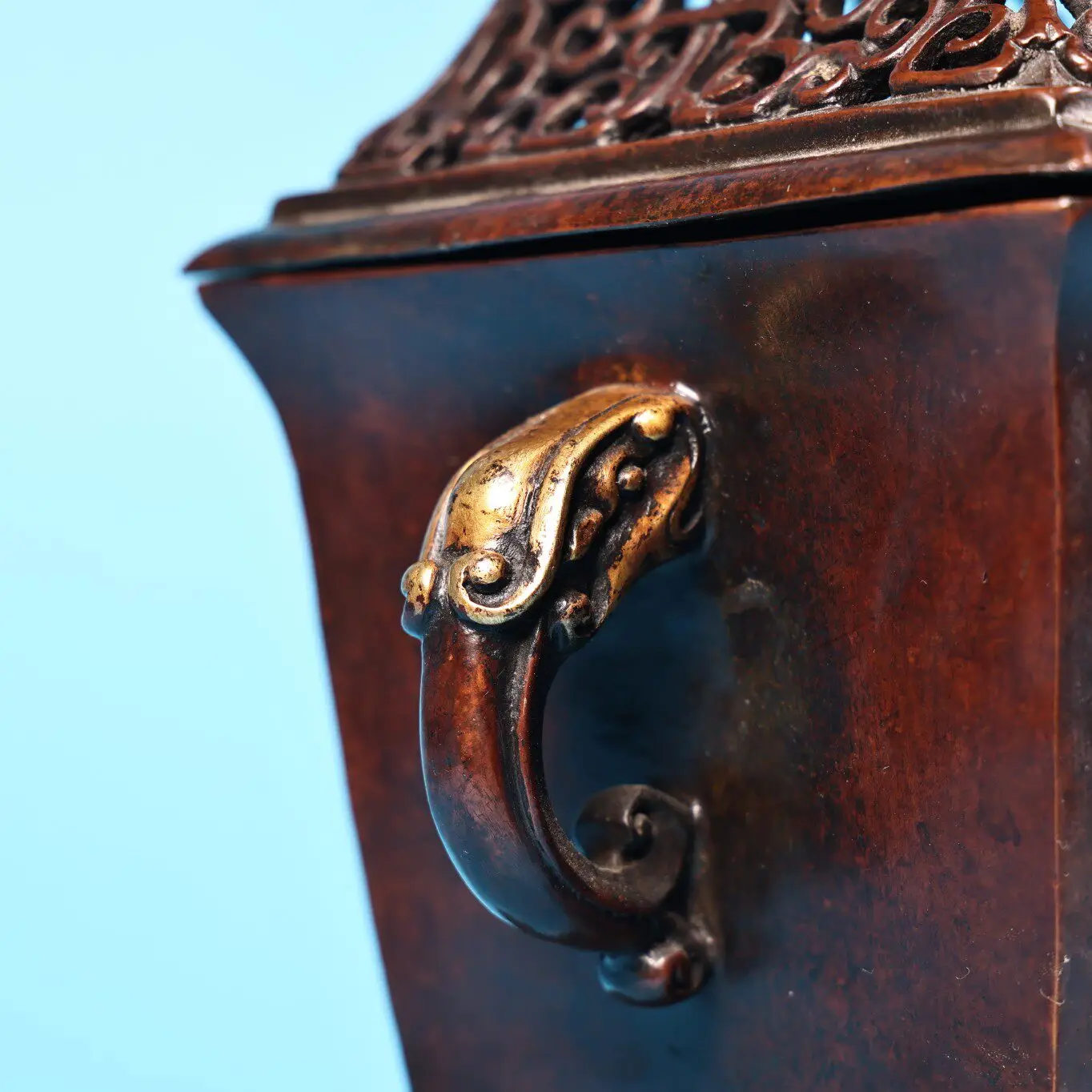 Vintage Chinese Purple Copper High Relief Chiseled Gilt Incense Burner Heavy Patina Exquisite Craft