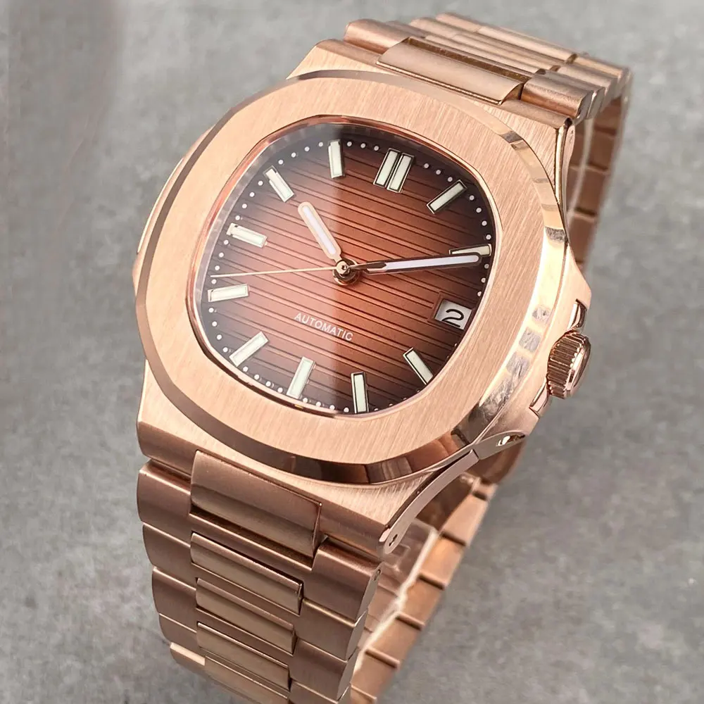 

Rose Gold NH35A Tandorio 100M Dive Automatic Watch For Men Square Case Brown Dial Green Lume Sapphire Stainless Steel Screw Crow