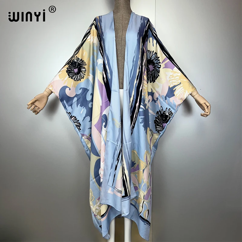 Winyi novo boêmio quimono solto cardigan roupas de praia mulher cobrir vestido de noite longo para baixo casaco maxi vestido de luxo beachwear