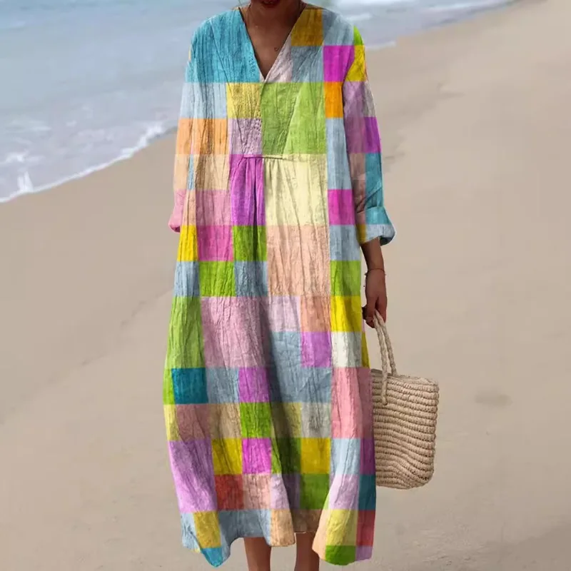 Vestido camisa de manga comprida com estampa floral feminina – Vestido maxi de verão casual solto com decote em V para praia