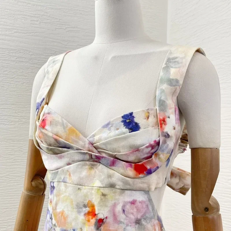 Multicolor Floral Print Sleeveless Backless Cut Out Waist Midi Dress 2025