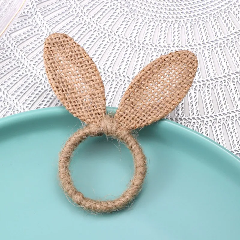 

10pcs Rabbit Ear Napkin Ring Handmade Rustic Burlap Jute Napkin Holder for Dining Table Wedding Party Decor