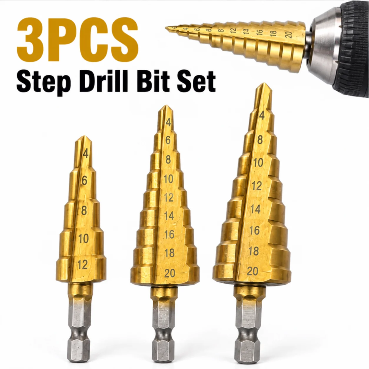 3Pcs Step Drill Bit Set 4-12/3-12/4-20mm, Hex Shank No Burr Reaming Drilling for Metal Stainless Steel