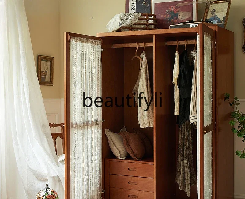 

French retro cabinet solid wood wardrobe double door gauze curtain glass cabinet sleeping storage large wardrobe combination