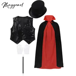 Boys Girls 5Pcs Magician Cosplay Costume Role Play Props Outfit Waistcoat Cape Hat Magic Wand Gloves Set for Choir Jazz Dance