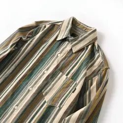 Men's Multicolor Striped Corduroy Shirt Vintage Workwear Style Cotton Men's Shirts Versatile Long Sleeve Casual Basic Shirt