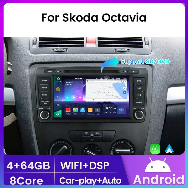 For Skoda Octavia 2 A5 2004-2013 Android 14 Car Radio Multimedia Video Player Navigation GPS 1Din DVD Autoradio For Carplay Auto