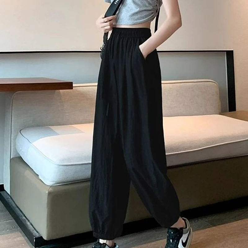 Summer Solid Color Fashion Elastic Waist Pencil Pants Women High Street Casual Pockets Patchwork Drawstring Ankle Length Pants