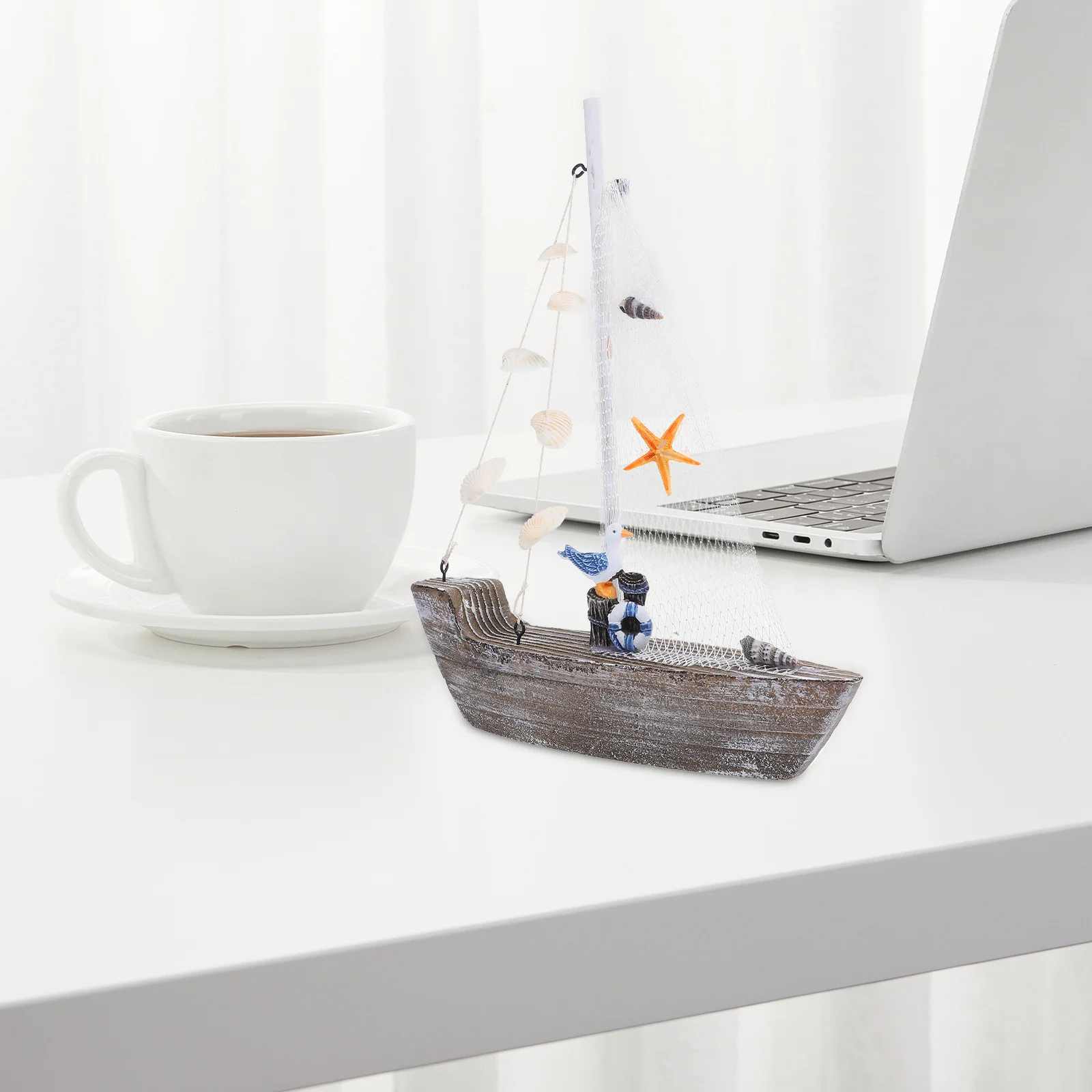 

Mediterranean Style Blue White Sailboat Decor Distressed Rustic Coastal Tabletop Centerpiece for Living Room Bedroom Office