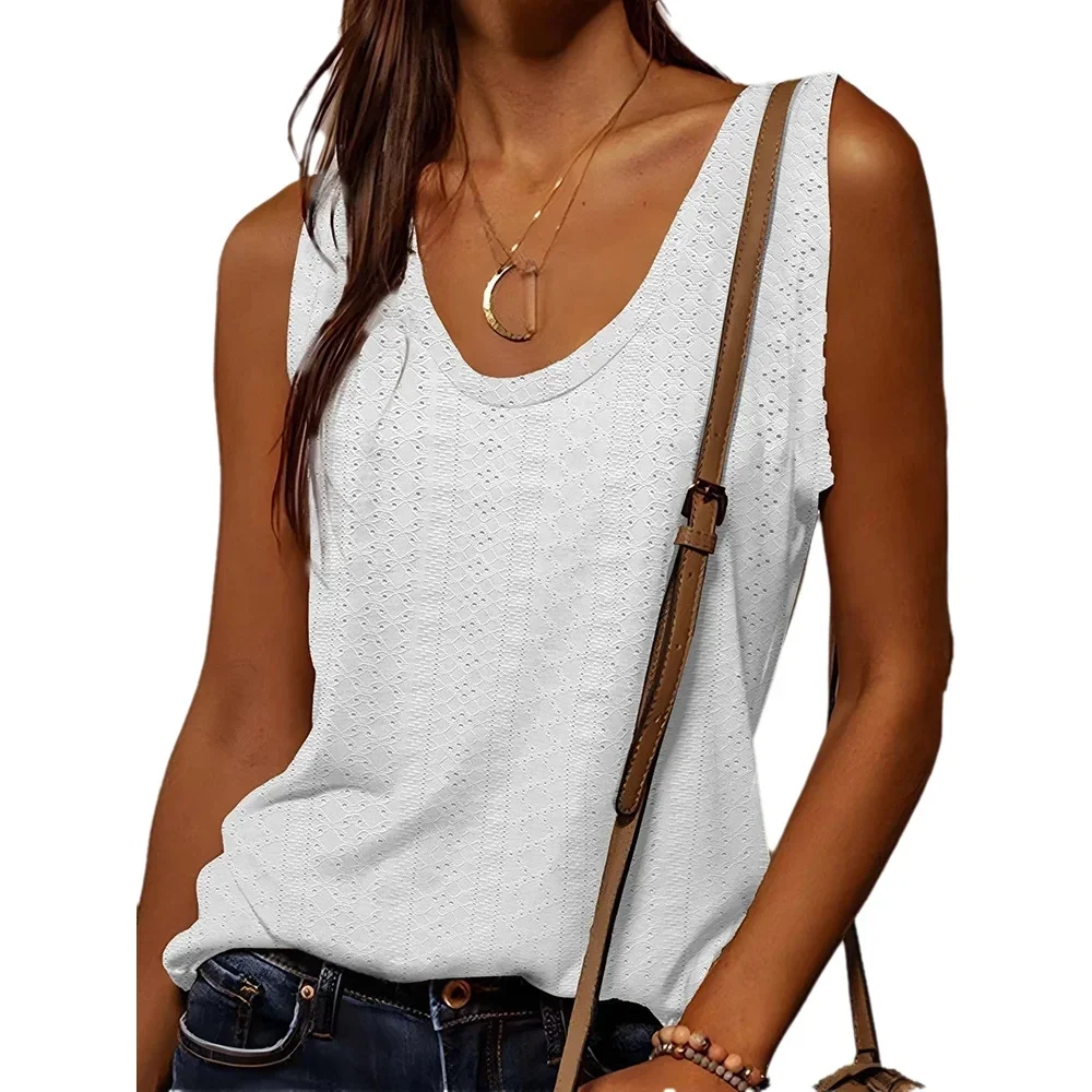 Tanktop voor dames Lente Zomer Wit V-hals Mouwloos Geperforeerde textuur Ontspannen Fris Elegant Dagelijks Casual top
