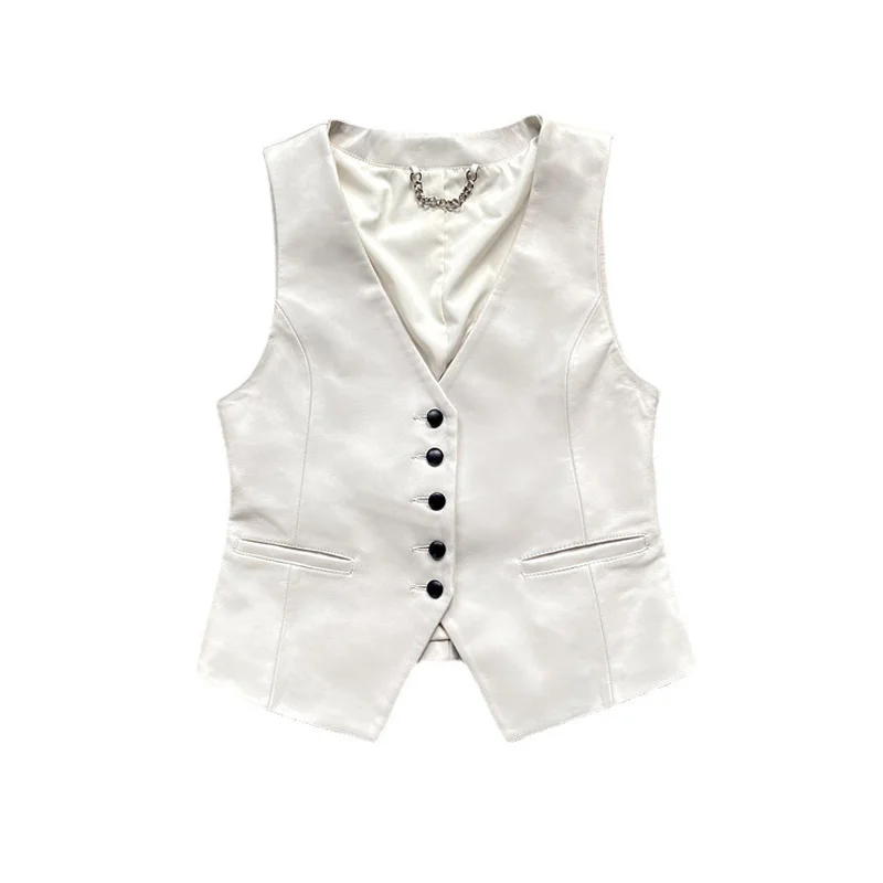 Leather Top Clothing Women 2024 Autumn Winter Female White Casual Short Suit Vest 100% Sheepskin Waistcoat Dress Colete Feminino