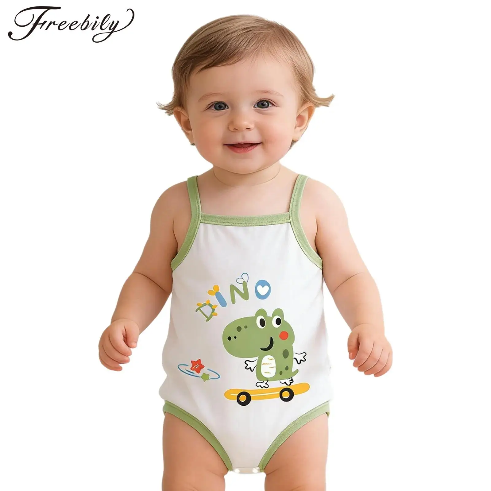 

Baby Girls Cute Clothes Cartoon Printed Rompers Cotton Pajamas Contrast Color Trim Spaghetti Straps Sleeveless Leotard Homewear