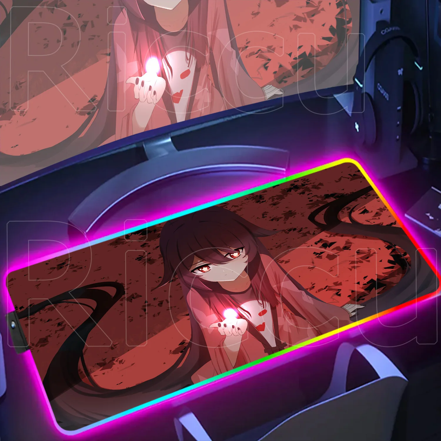 Genshin Impact Hu Tao RGB HD Printing KeyboardMat LED Table Pads Backlit Rubber Gaming Accessories Aesthetic Decoration Mousepad