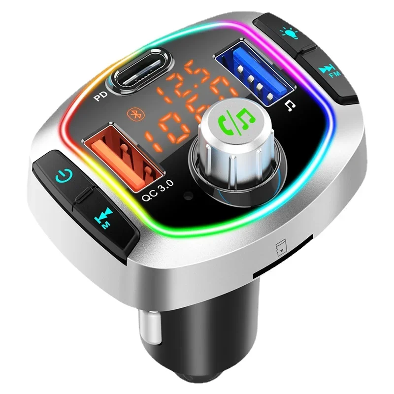 BC63 Dual-Screen Car Bluetooth MP3 Player with PD/QC3.0 Fast Charging, Ambient Light Effect, and FM Transmitter