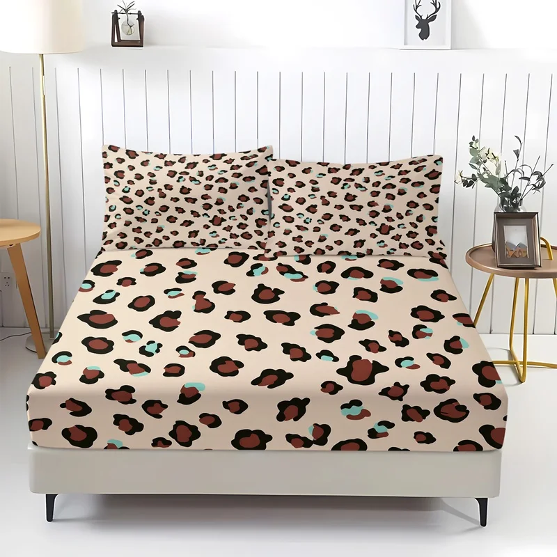3Pcs Vintage Leopard Fitted Sheet Set,Polyester,Multi‑Size,Skin‑friendly&Fade‑proof,Wildlife Camouflage Print,No Pillow Inserts