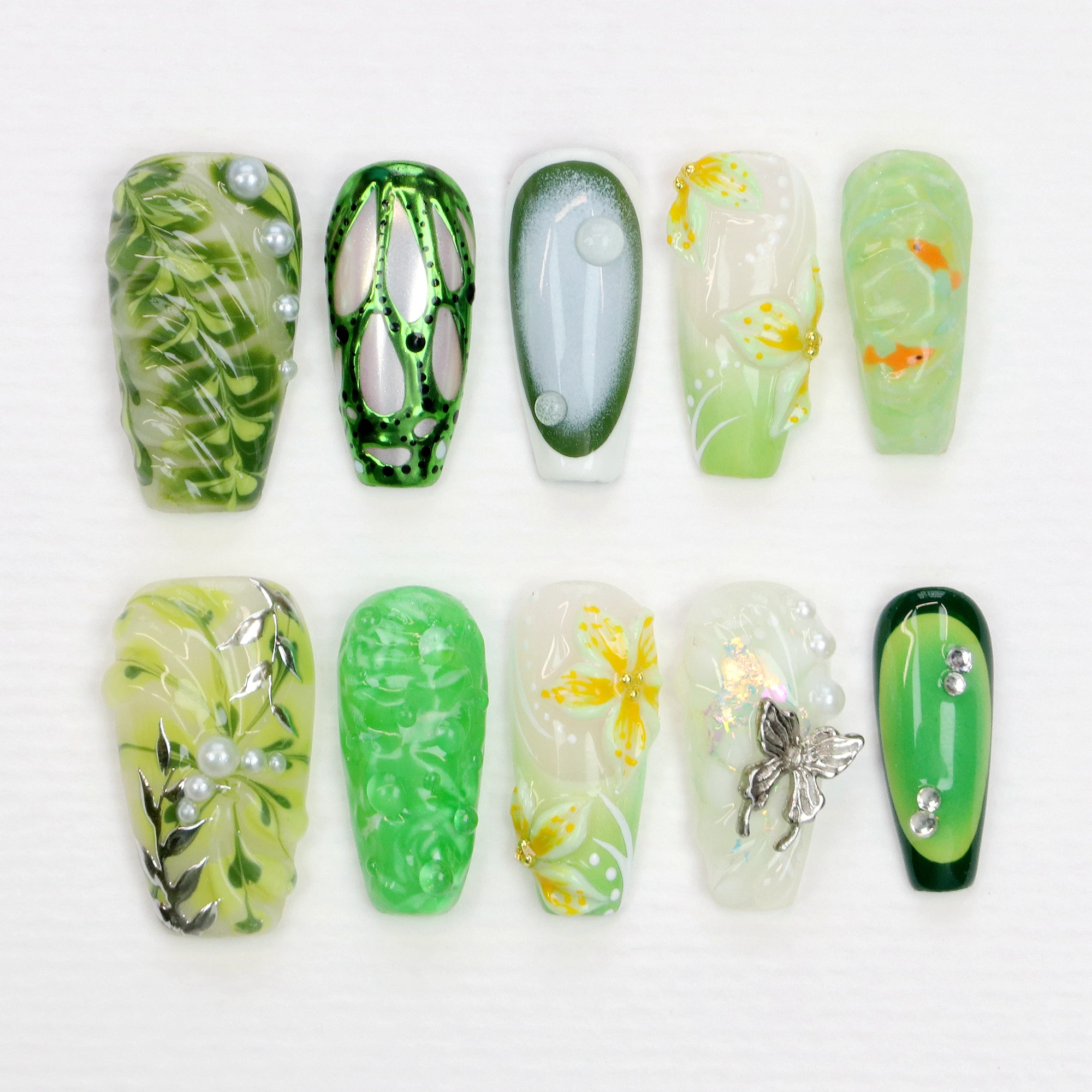 

10Pcs 3D beautiful handmade Manicure Press On Nails,Acrylic Fake Handpainted Long Coffin Green Flowers Design Free Style Nail