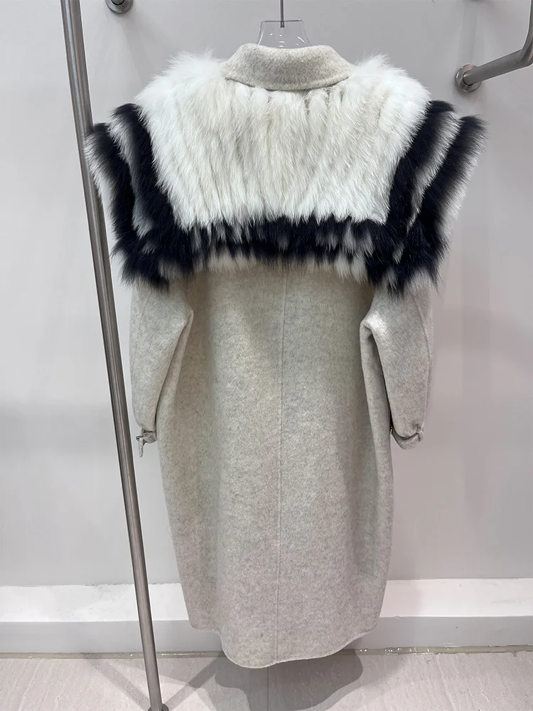 2025 nouvelle mode femmes hiver fourrure de renard naturelle col bleu marine longue laine manteau de laine vêtements d'extérieur pour femmes veste de rue