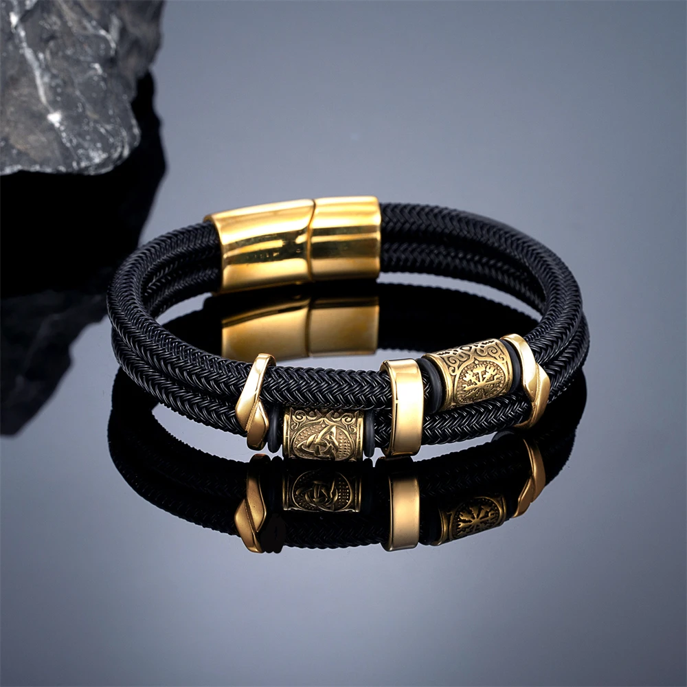 Vikings Runes Double-Layer Unfading Wire Rope Bracelets Men Norse Gold Color Stainless Steel Wristband Luxu Male_maomaolike.com