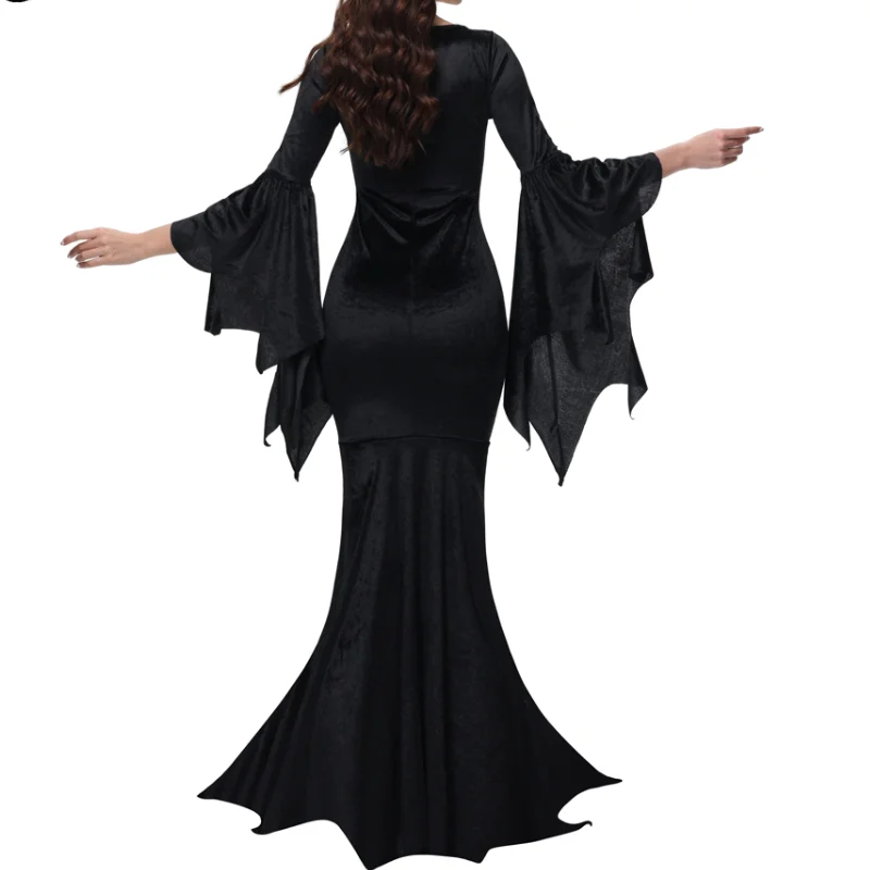 Disfraz de Halloween para Mujer, Vestido Largo con Mangas de Murciélago, Negro, Gótico, Malvado, Terrorífico, Maxi, Disfraz de Señora Morticia Addams, Traje Familiar para Adultos