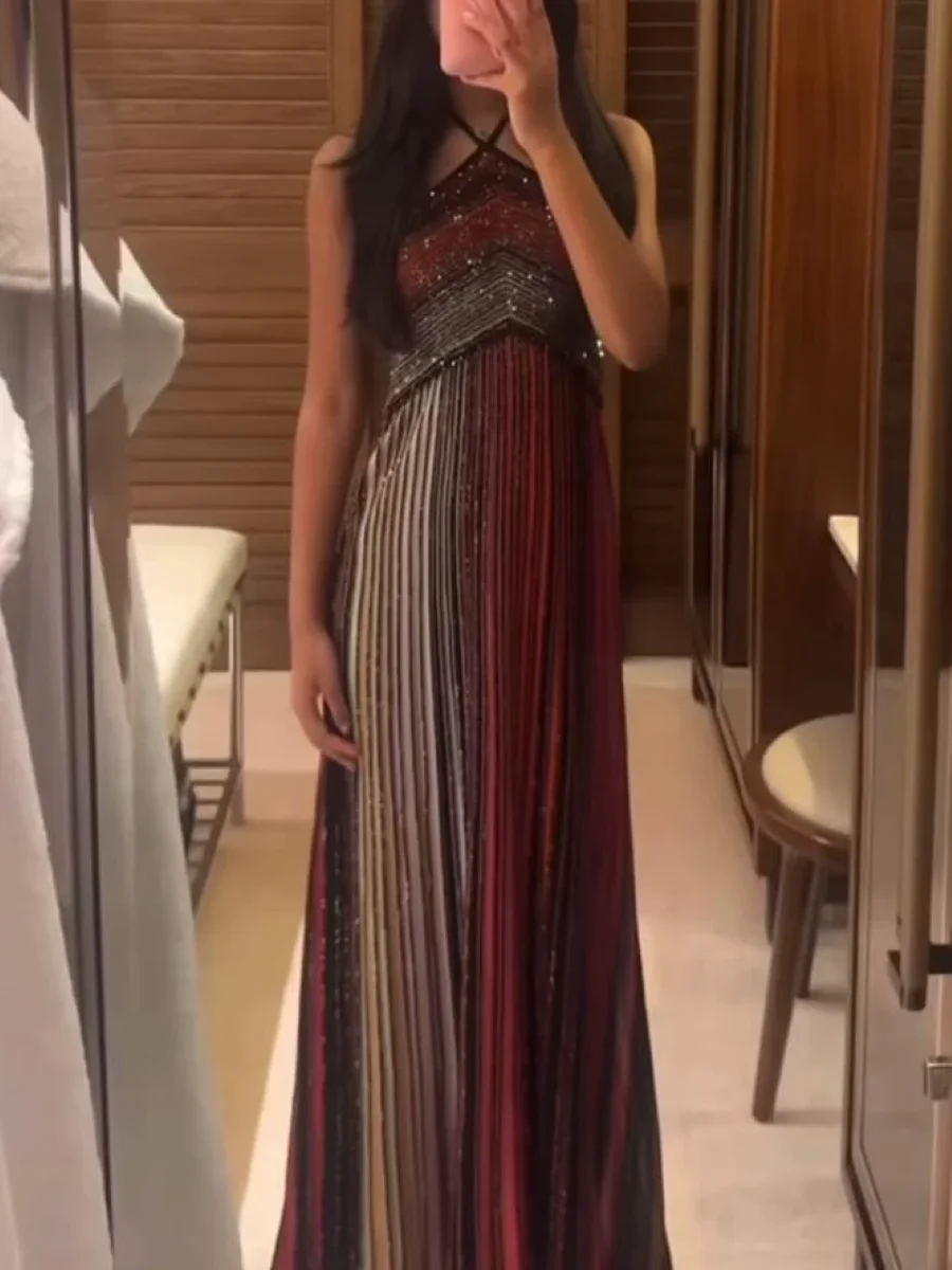 

2025 New Women Halter Neck Knitted Long Dress Metallic Sequined Striped Sleeveless High Waist Holiday Ladies Robe