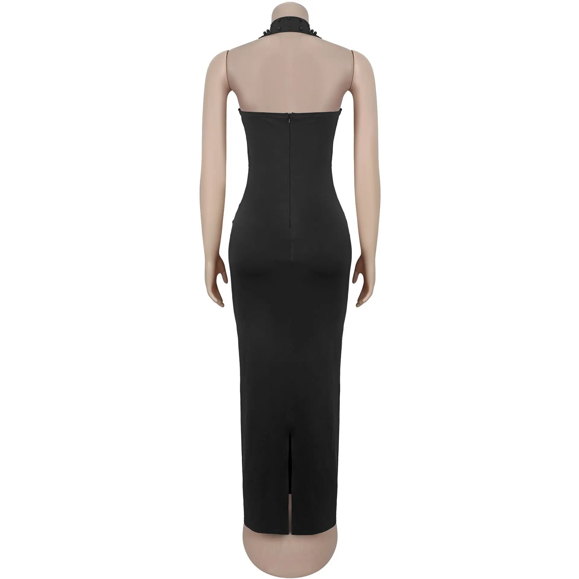 HLJ Sexy Pearls Rhinestone Patchwork Bodycon Long Dresses Woman Halter Backless Printing Dresses Female Party Clubwear Vestidos