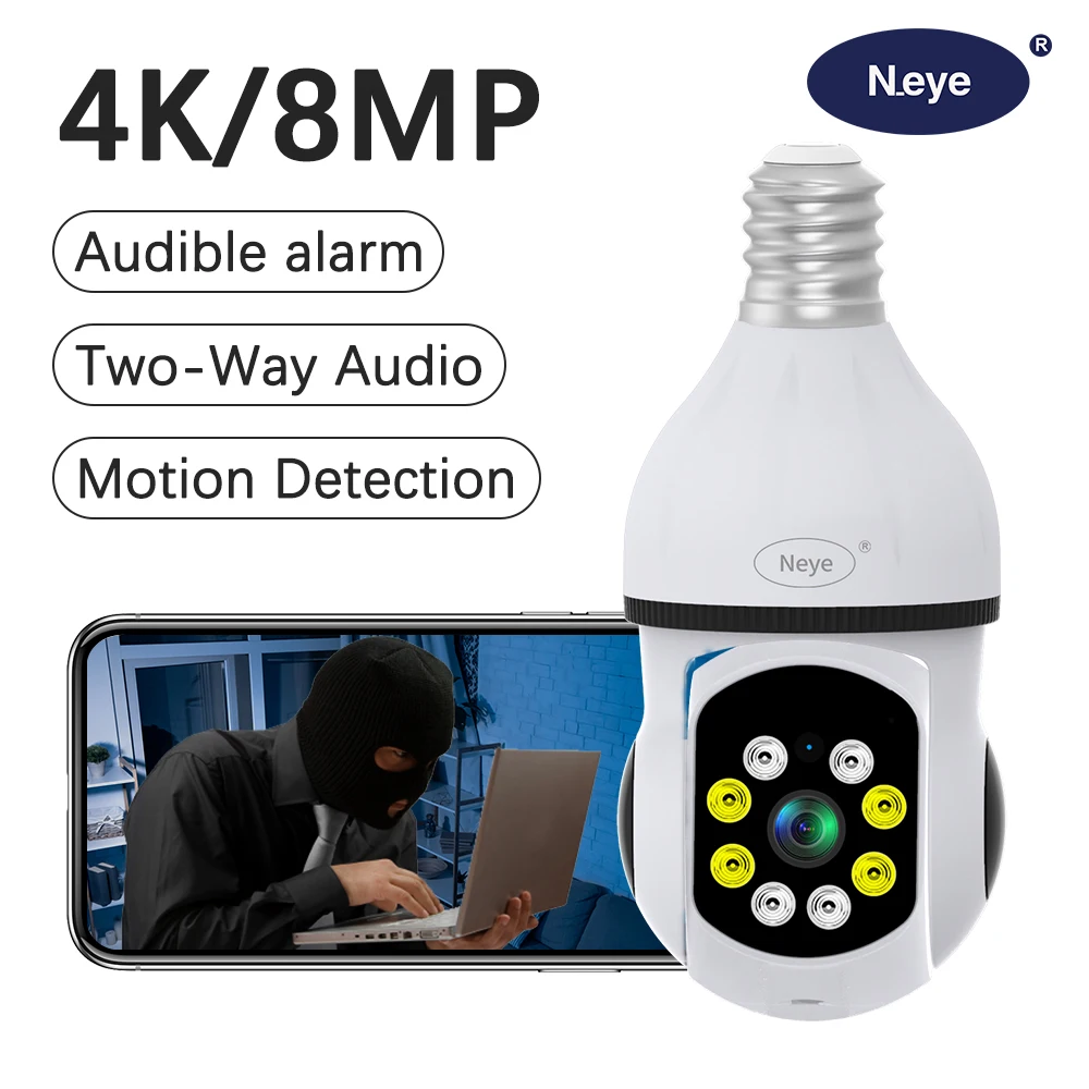 Neye-cámara IP panorámica de 8MP para hogar inteligente, foco WiFi, bombilla E27, seguimiento automático a todo Color, cámara de Audio bidireccional CCTV