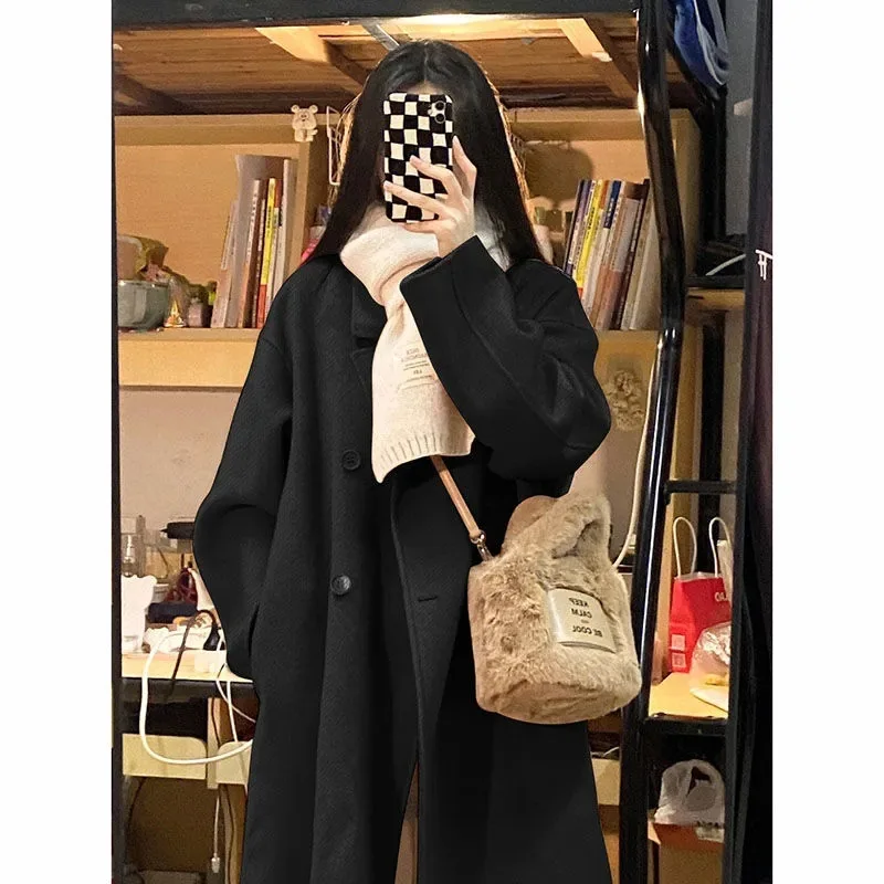 Woolen Coat Women's Autumn And Winter 2023 New Mid Length Knee Over Oat Color Korean Solid Fleece Coat For Warmth Retention