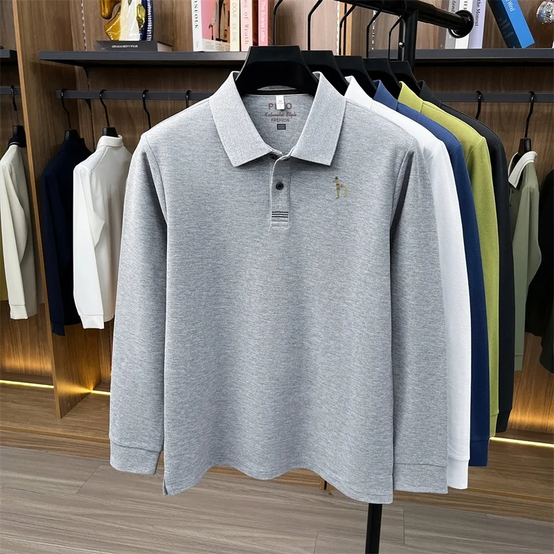 Luxus-Marken-Poloshirt für Herren aus 100% Weicher Baumwolle, Herbst-Neuheit, Einfarbig Bedruckt, Langarm, Revers-T-Shirt, Lässige Business-Herrenbekleidung – Detail 4