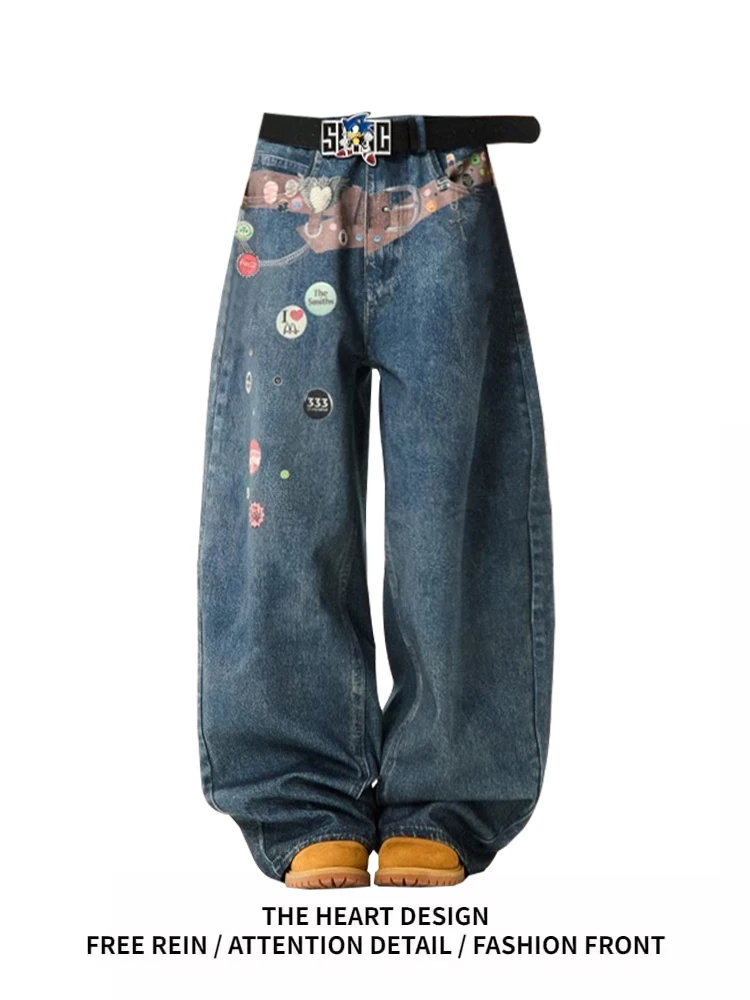 

Retro American Printed High Waist Loose Wide Leg Jeans Women's Spring Design Sense Belt Casual Waed Denim Trousers