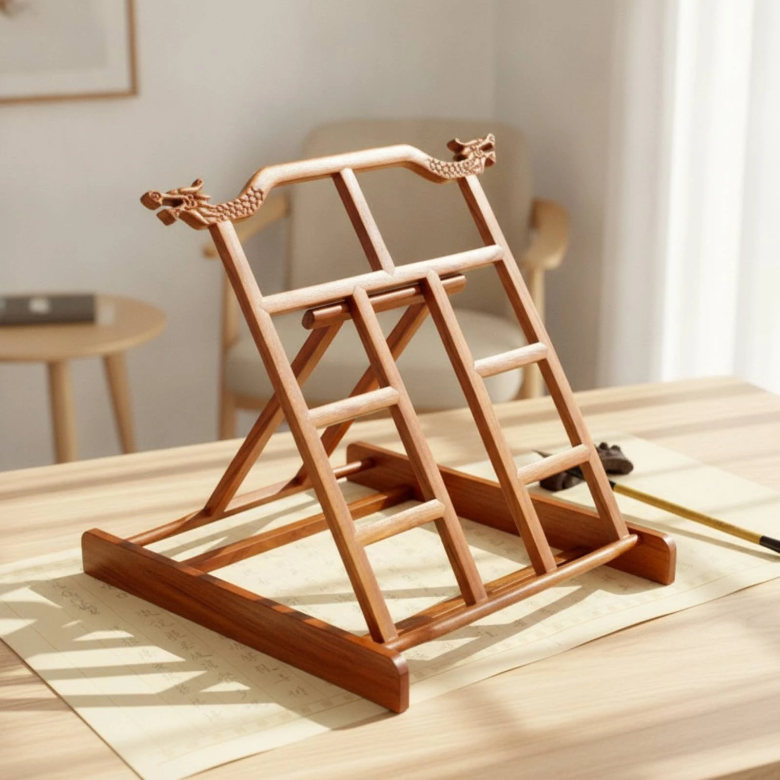 Book Stand with Dragon Carvings Tabletop Calligraphy Book Stand Carved Unique for Calligraphers, Desk, Study Room