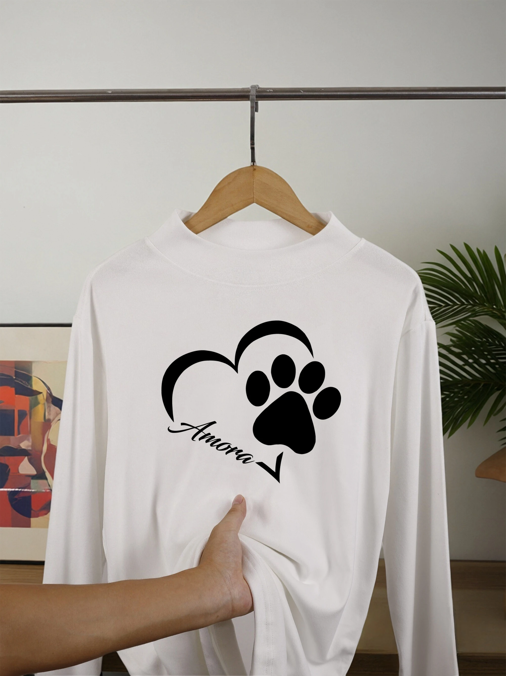 Koszulki damskie z nadrukiem kreatywnym z motywem miłości i kociego łapka, z półgolfem, ciepłe na jesień, z długim rękawem, z polaru w stylu Y2K, codzienne ubrania streetwear