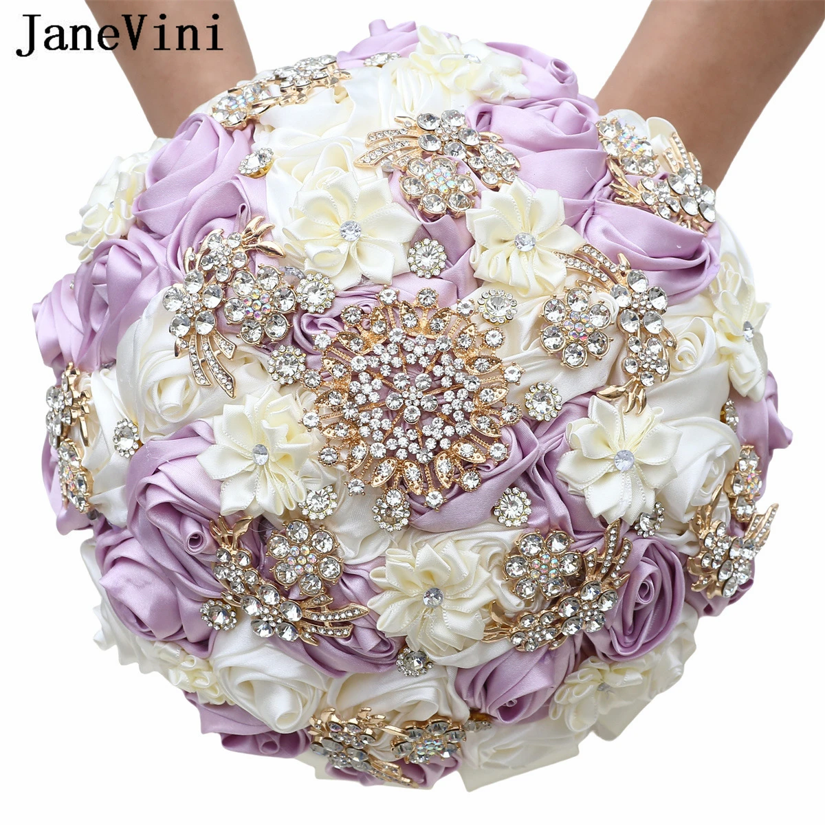 JaneVini Romantic Taro Purple Ivory Bridal Fake Flower Wedding Bouquet Luxury Beaded Crystal Bride Graduation Bouquet Ramo Novia