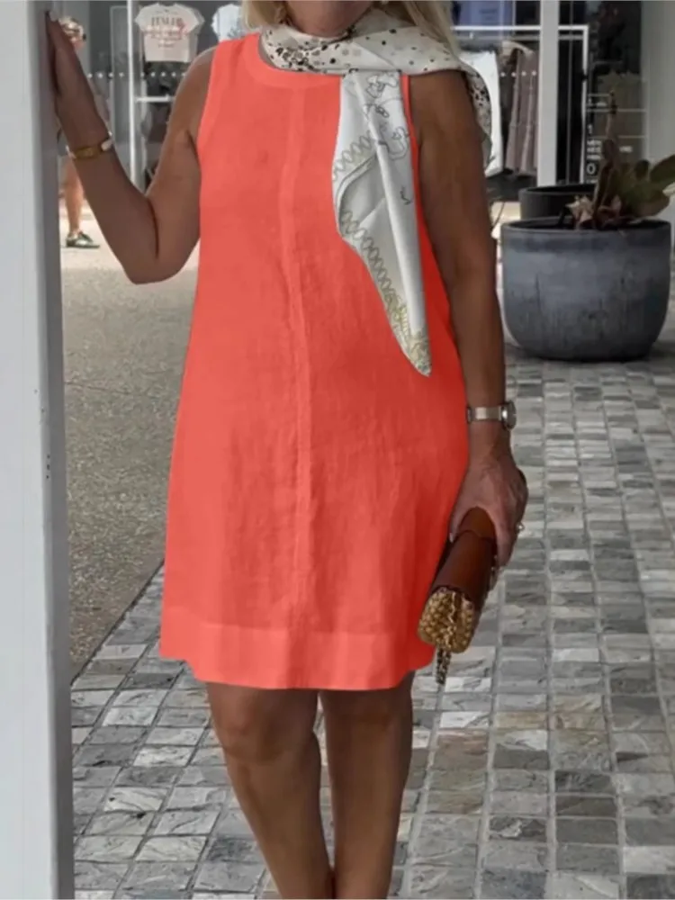 

Summer Fashion Casual Mini Dress Female Casual O-Neck Pullover Sleeveless Solid Loose Beach Holiday Dresses Womens Clothing
