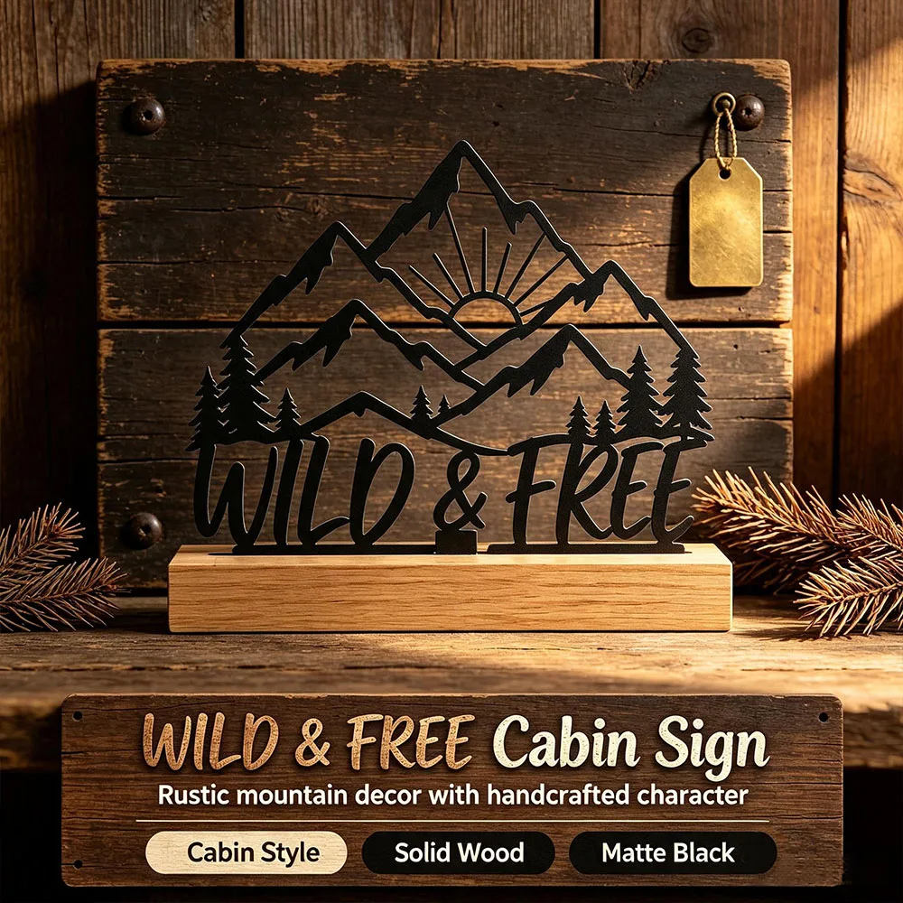 Mountain Sunrise WILD&FREE Metal Sign With Wood Base Nordic Desktop Home Decor Ornament